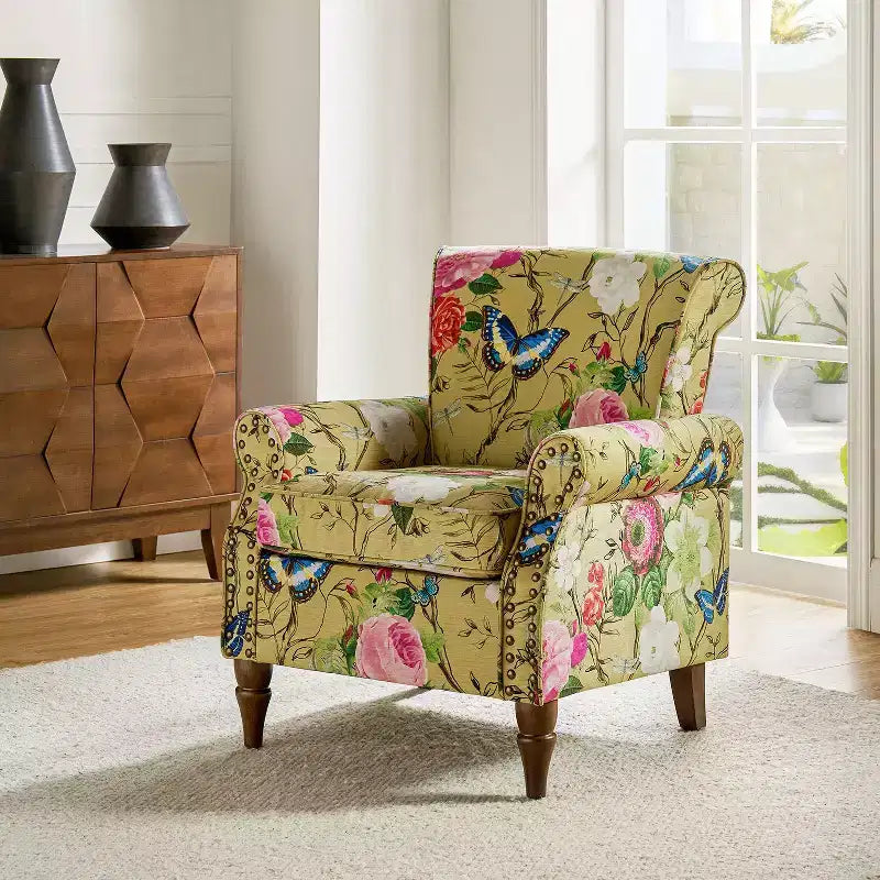 Traditional Wooden Upholstered Floral Armchair with Wingback and Nailhead Trim