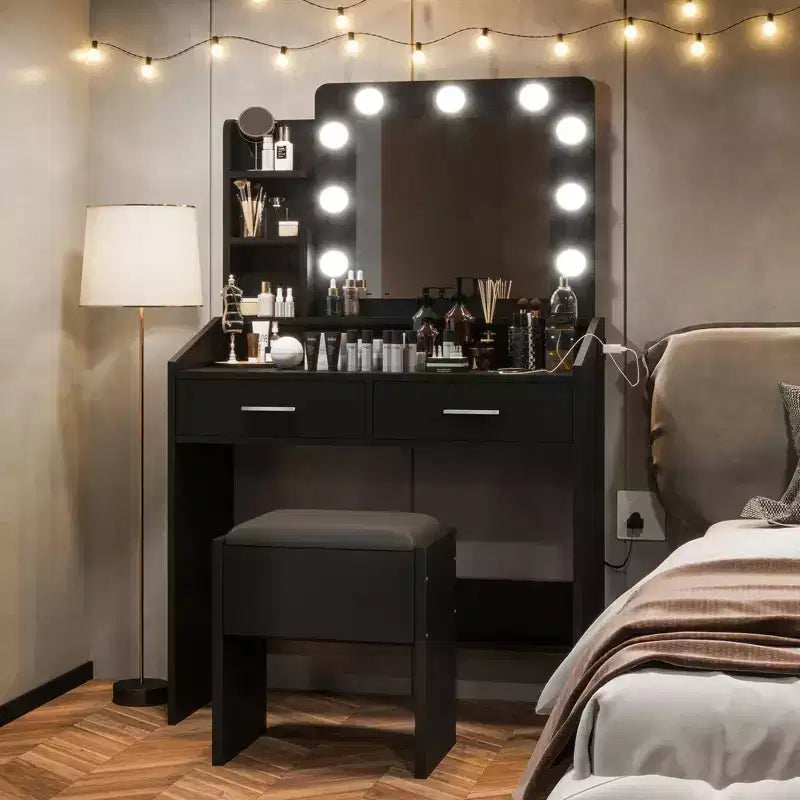 Vanity Desk with Mirror and Lights, Makeup Vanity with Power Outlet & Cushioned Stool, 3 Lighting Modes Adjustable Brightness, Dressing Table