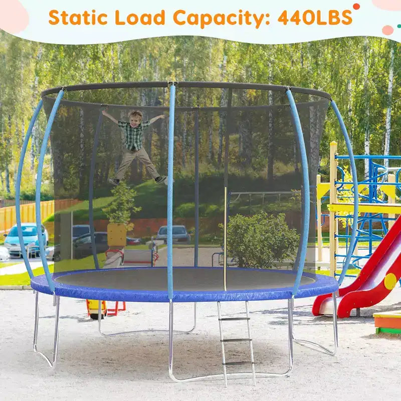 Outdoor Trampoline, 12FT Trampoline with Safety Enclosure - 440Lbs Capacity ASTM F2225-15 Certified No-Gap Net Rust-Resistant for Kids Adults