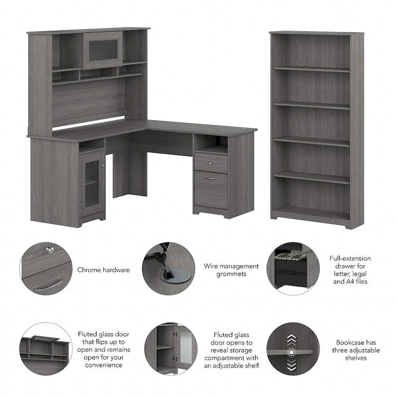 60" L-Shaped Computer Desk with Hutch, 5-Shelf Bookcase & File Drawer, 200 lb Desktop Capacity
