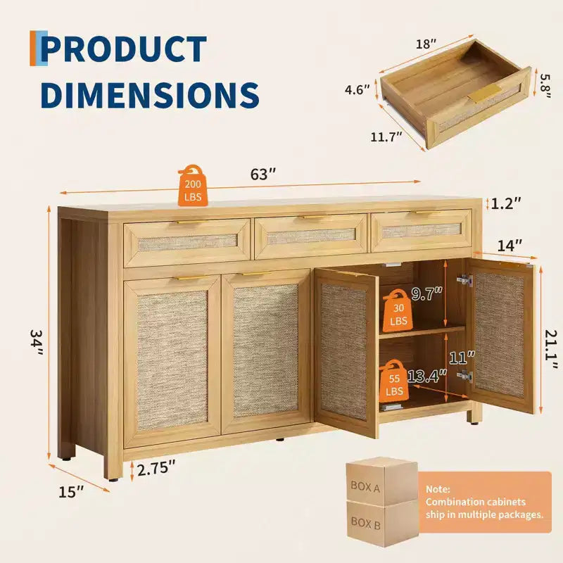 63in Deep Farmhouse Buffet Sideboard Cabinet with Rattan Panels, 3 Drawers, 4 Doors, Adjustable Shelves - Dining Room, Kitchen, Entryway Organizer