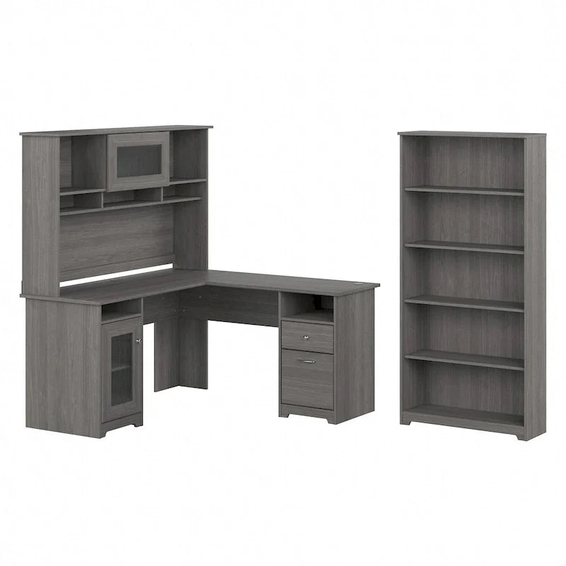 60" L-Shaped Computer Desk with Hutch, 5-Shelf Bookcase & File Drawer, 200 lb Desktop Capacity
