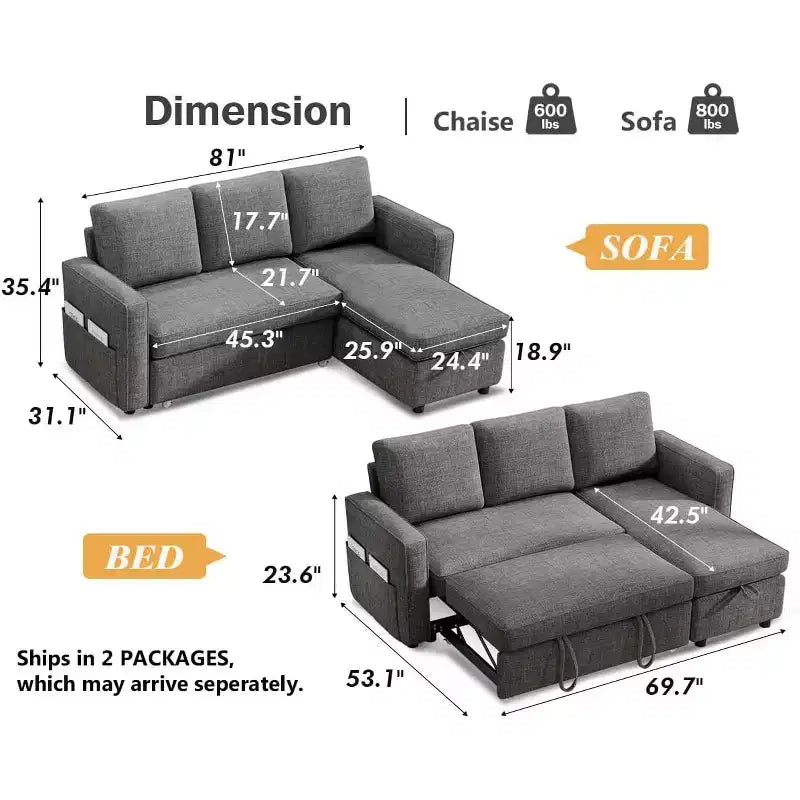 Dyonery 81 Sleeper Sofa Bed, 2 in 1 Pull Out Couch with Reversible Storage Chaise