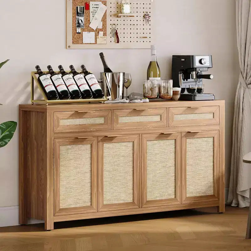 63in Deep Farmhouse Buffet Sideboard Cabinet with Rattan Panels, 3 Drawers, 4 Doors, Adjustable Shelves - Dining Room, Kitchen, Entryway Organizer