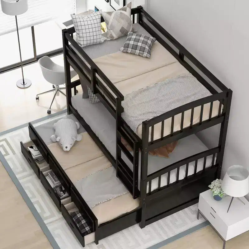 Twin Over Twin Wood Bunk Bed with Trundle & 3 Drawers, Black, Solid Wood, Ages 3+