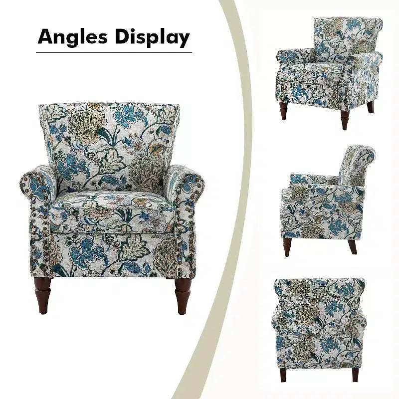 Traditional Wooden Upholstered Floral Armchair with Wingback and Nailhead Trim