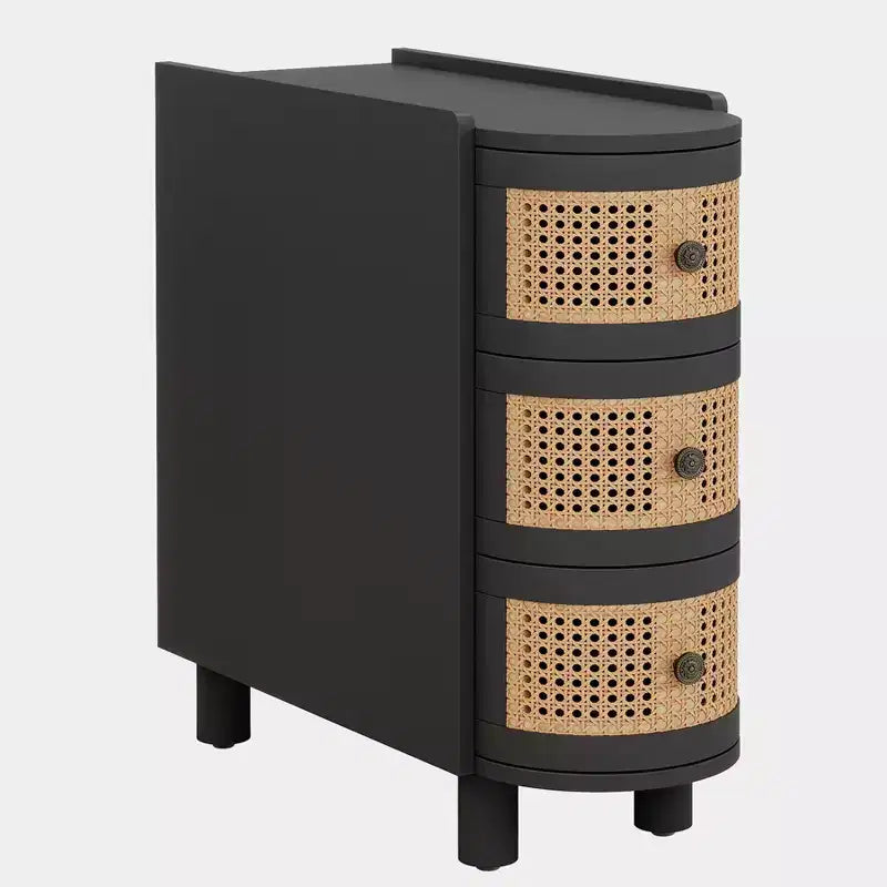 Lantine Solid Wood End Table with 3 Rattan Drawers and Exquisite Embossed Handles, No Assembly Required