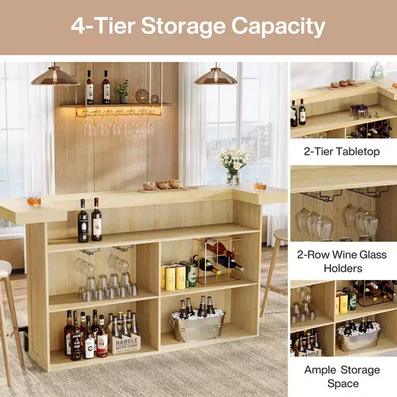 Lantine 70.9-Inch Modern 4-Tier Bar Table Home Bar Cabinet with Glass Holder and Black Footrest