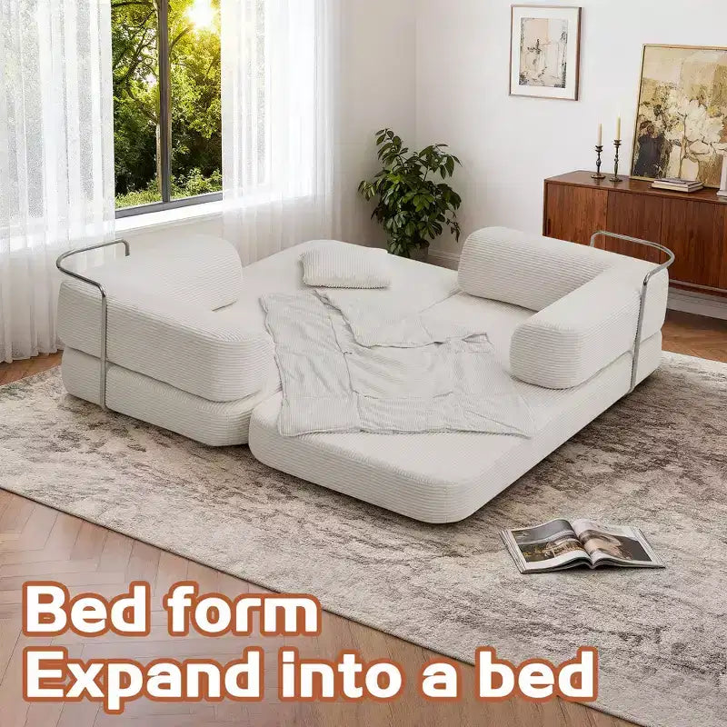 Okak Convertible Floor Sofa Bed Loveseats with Blanket & Pillows,Corduroy Fabric Futon Couch for Living Room,Apartments