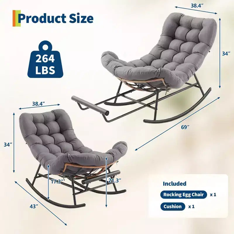 Oversized Rocking Chair with Footrest, Upholstered Lounge Chair with Metal Frame, Patio Reclining Chair for Patio Backyard Bedroom Garden
