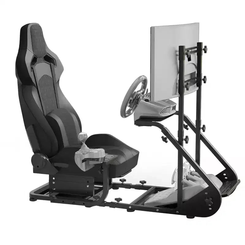 Black Steel Racing Wheel Cockpit Frame, Single Seat, Adjustable Simulator Rig