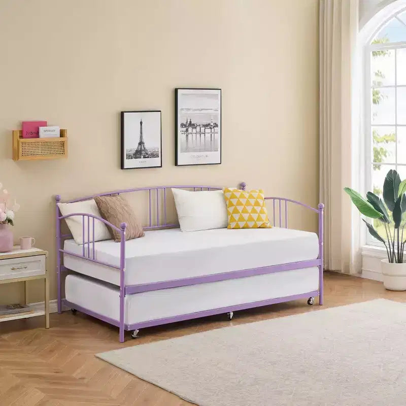 Twin Metal Daybed with Trundle,Twin Size Daybed Frame with Pullout Trundle 6 Casters,Steel Slat Support Guest Sofa Bed for Living,Bedroom,Apartment