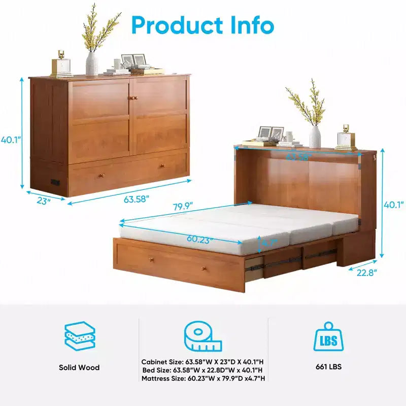 Murphy Bed Cabinet, Modern Murphy Bed Queen with Mattress, Built-in USB Charging Station & Drawers