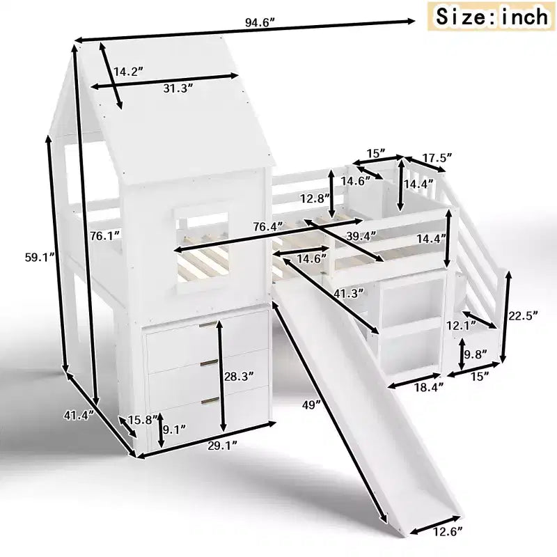 Twin Size Loft Bed with 3 Drawers & Storage Stair, Wooden House-style Bed Frame with Slide and Remevoable Desk