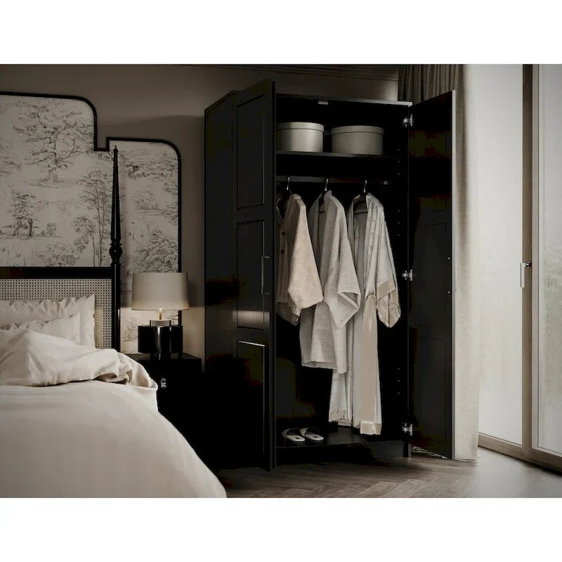 2-Door Solid Pine Wood Wardrobe Armoire with Clothing Rod & Adjustable Shelf – White / Black / Gray, Solid Wood or Mirrored Doors, Single