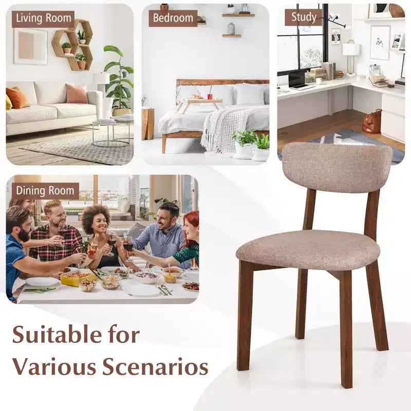 Costway Upholstered Dining Chairs Set of 4 with Solid Rubber Wood Frame, Curved Backrest Brown/Grey