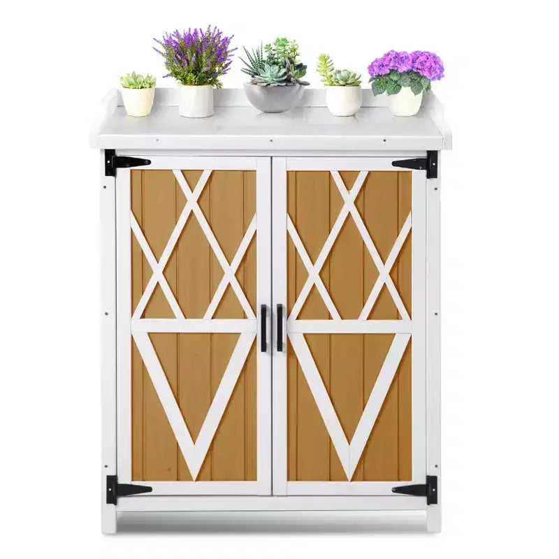 Waterproof storage cabinet, wooden garden workbench with 2 removable shelves, galvanized metal tabletop, suitable for indoor and outdoor use.