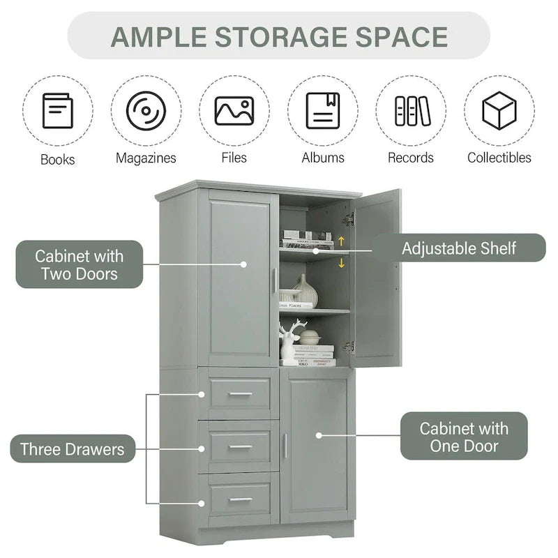 Tall and Wide Storage Cabinet with Doors for Bathroom/Office, Three Drawers
