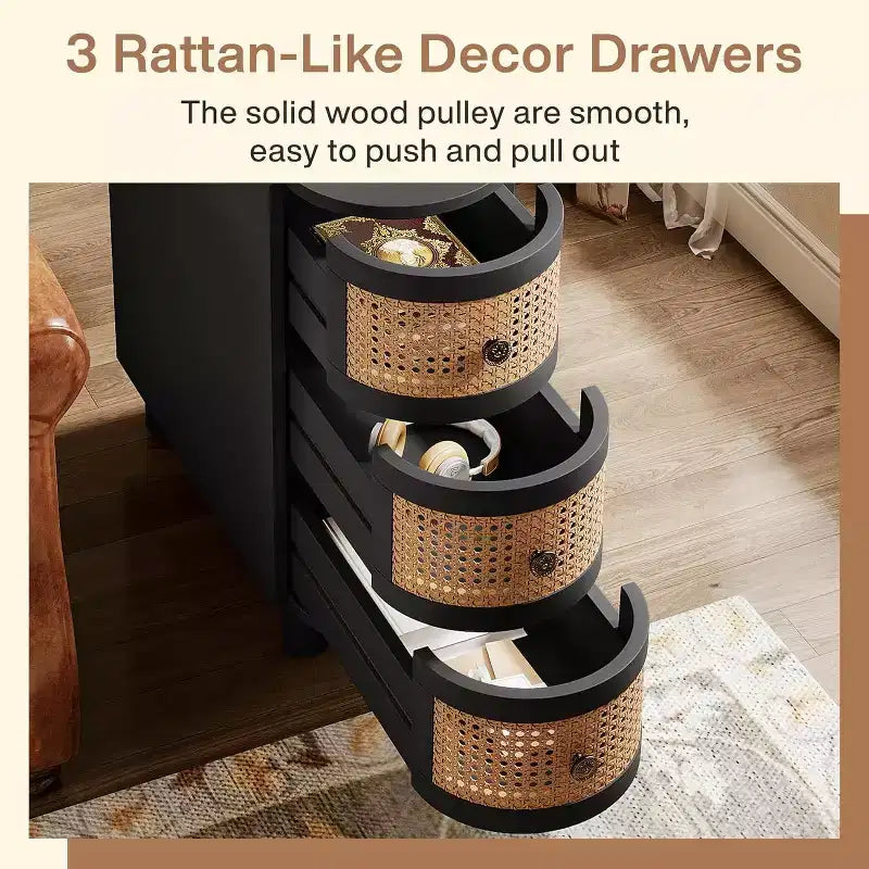 Lantine Solid Wood End Table with 3 Rattan Drawers and Exquisite Embossed Handles, No Assembly Required