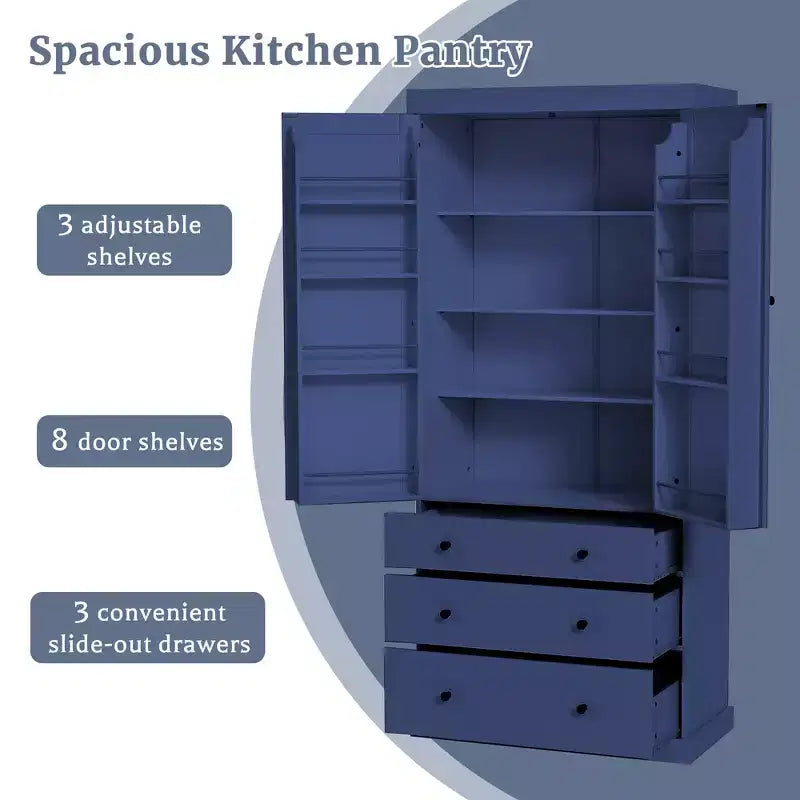 Freestanding Kitchen Pantry Organizer, Cabinet with 3-Adjustable Shelves, 3-Drawers, 8-Door Inner Shelves