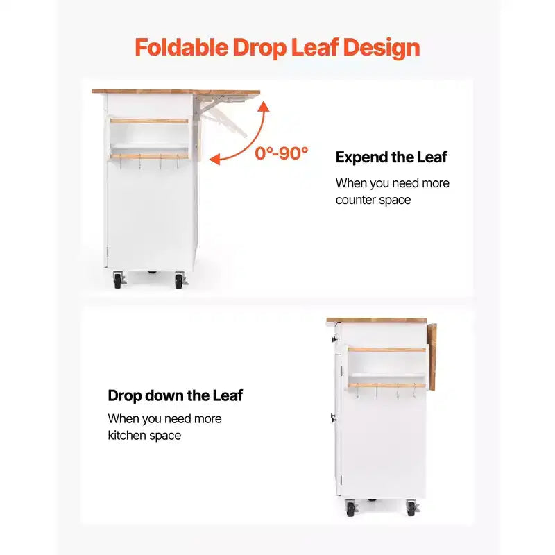 52-Inch Kitchen Island Cart with Solid Wood Top, Storage Cabinet & Drop Leaf