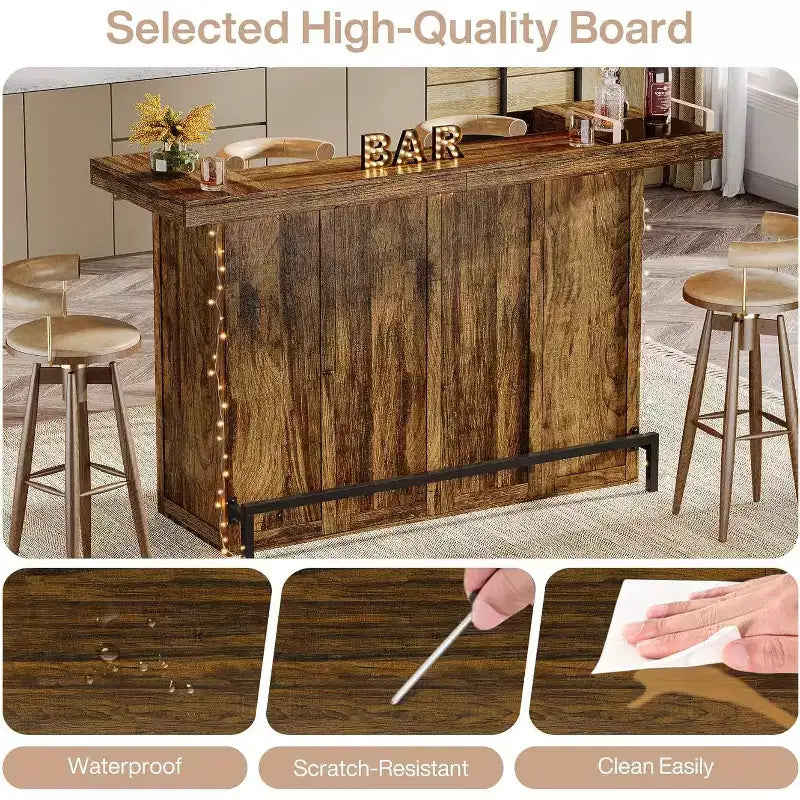Lantine 70.9-Inch Modern 4-Tier Bar Table Home Bar Cabinet with Glass Holder and Black Footrest