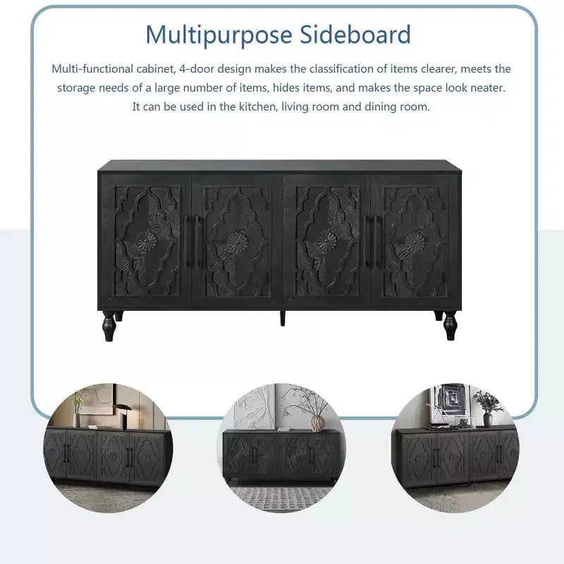 Large Storage Cabinet with Metal Handle, Carved Flower Doors, Wooden Mordern Sideboard Console with Adjustable Shelves