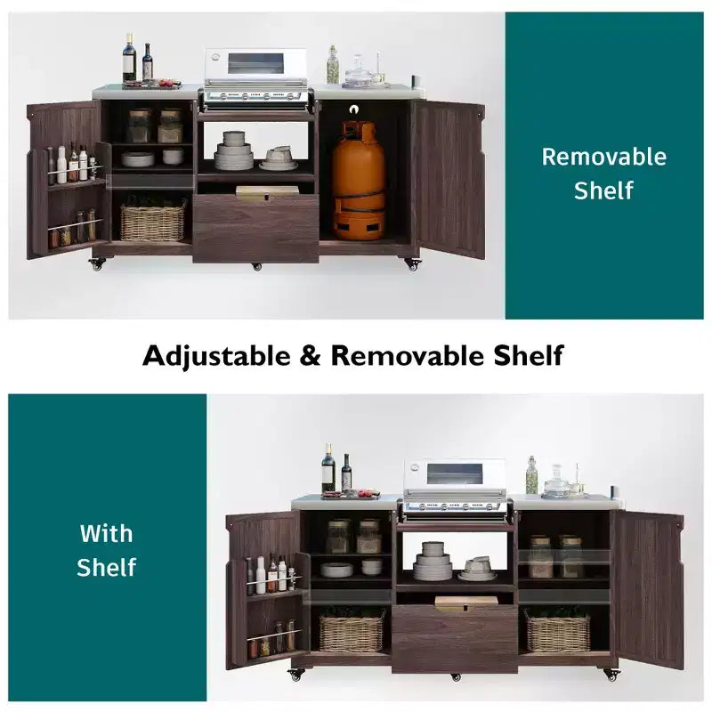 Okak Outdoor Kitchen Island with Steel Top & Rack,Solid Wood Grill Cart for Big Green Egg Grills,Storage Cabinet Dining Table