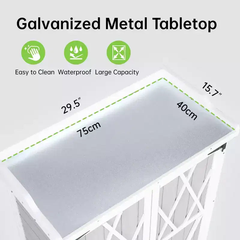 Waterproof storage cabinet, wooden garden workbench with 2 removable shelves, galvanized metal tabletop, suitable for indoor and outdoor use.