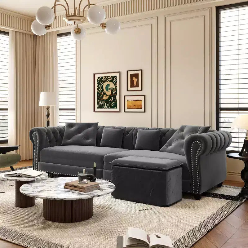 3-in-1 Pull-Out Sofa Bed, King Size Convertible Sleeper Sofa with Chaise & Movable Ottoman, Velvet Tufted 3-Seater Couch, Charcoal Gray
