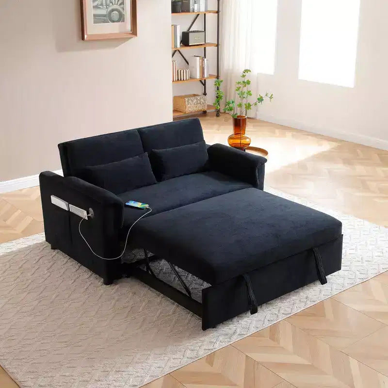 Convertible Sofa Bed Couch with Side Pockets & Adjustable Backrest, Velvet Upholstered Loveseat Sofa for Living Room, Bedroom