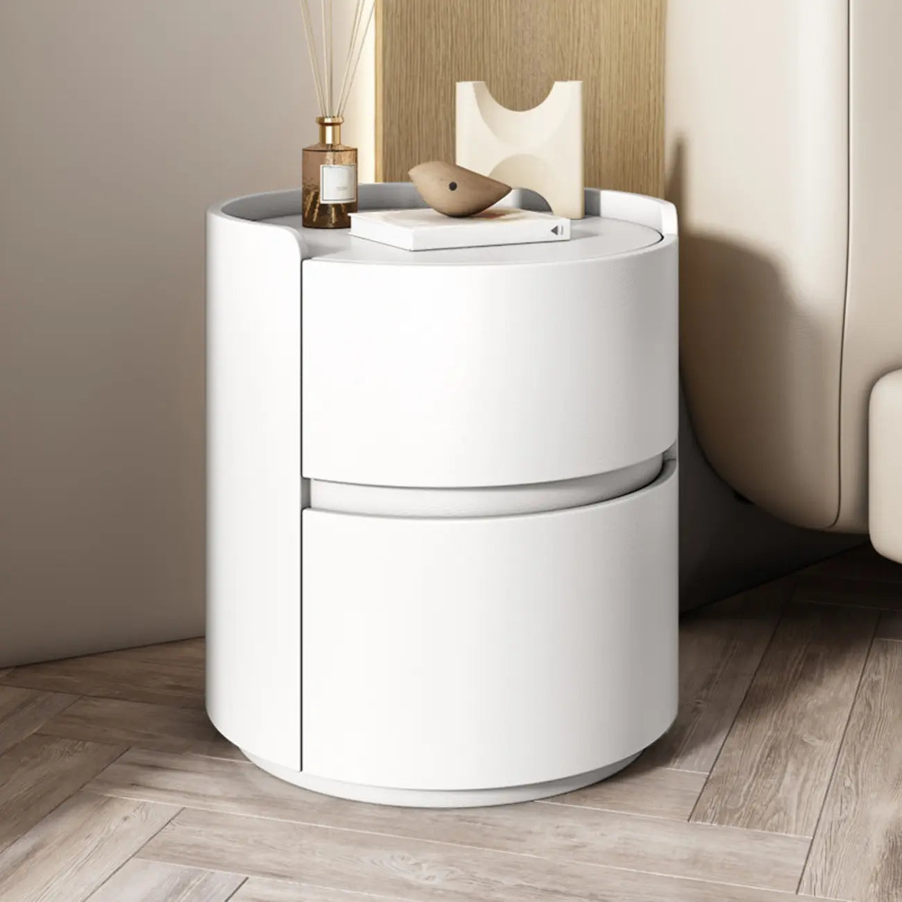 Modern Leather Tray Round 2-Drawer Nightstand