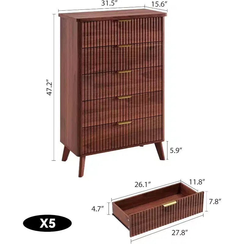 5-Drawer Fluted Dresser, 47.2-Inch Tall Chest of Drawers, Curved Design