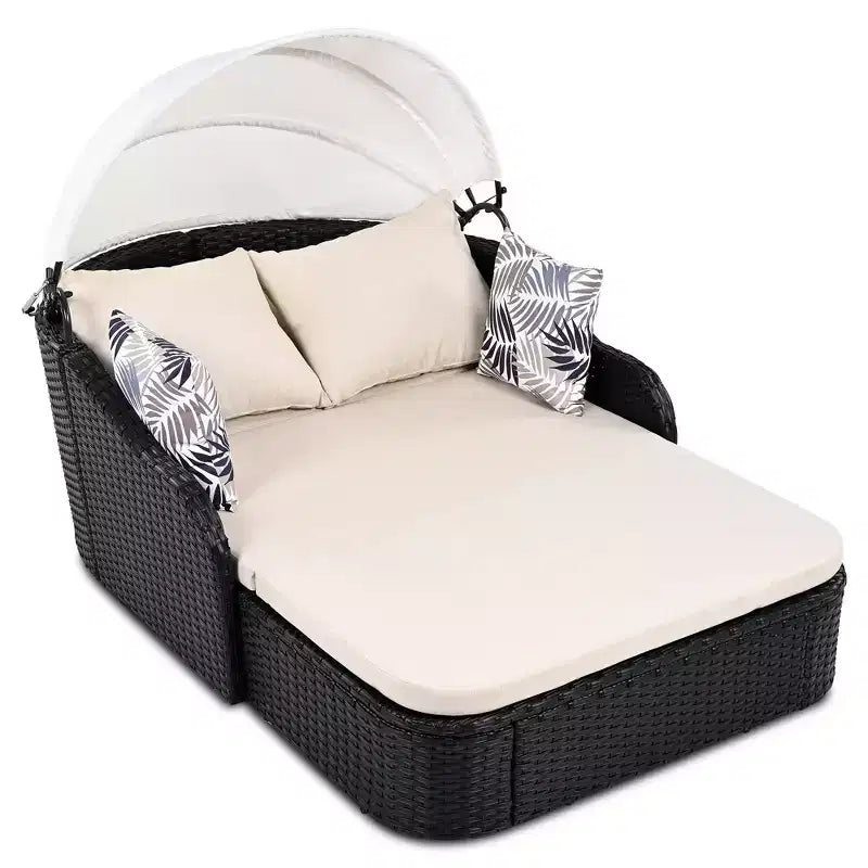 CLIHOME Outdoor Sunbed with Adjustable Canopy, Double Lounge, PE Rattan Daybed, Black Wicker and Cushion