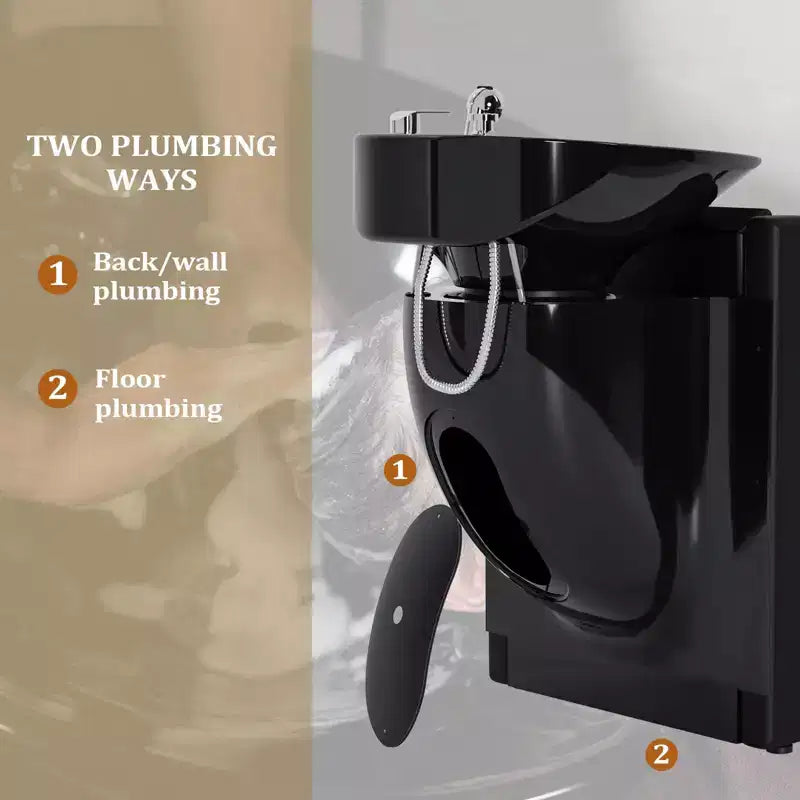 Karl Home Electric Shampoo Bowl and Chair Backwash Unit with Reclining Legrest and Tilting Porcelain Shampoo Sink