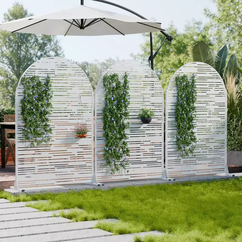 Dovelina 72H x 47W Arched Outdoor Metal Privacy Screen Freestanding Fence Panels in White/Brown for Garden Patio Deck Yard