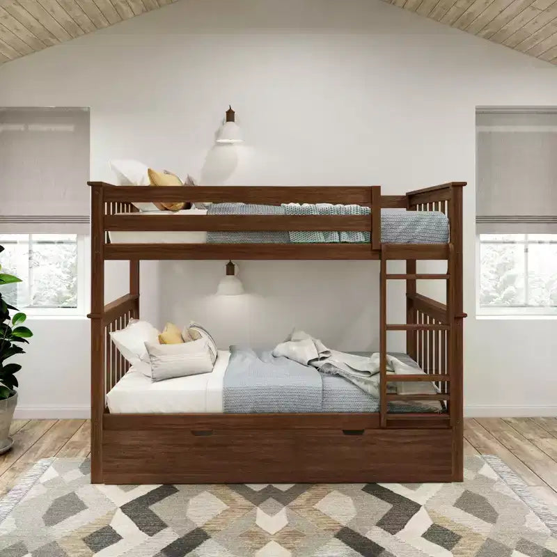 Twin over Twin Bunk Bed with Trundle, Solid Wood, Sleeps 3 – Blue / Espresso / Natural / Pecan / Walnut / White