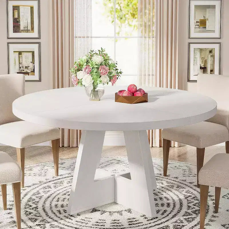 Okak Farmhouse Wood Large Round Dining Table with Cross Base,Wooden Kitchen Dinner Table for Dining Room,Breakfast Nook