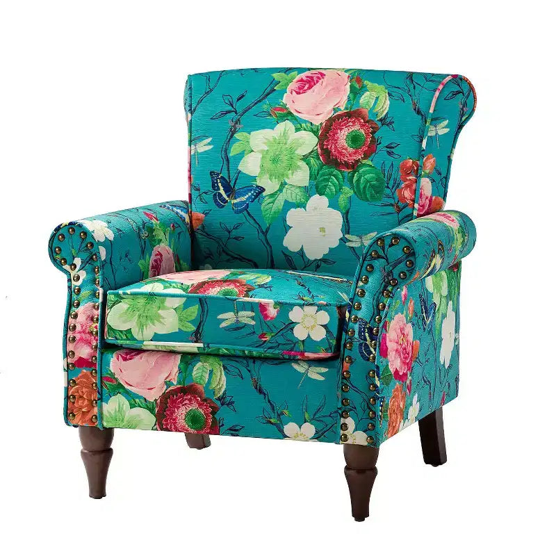 Traditional Wooden Upholstered Floral Armchair with Wingback and Nailhead Trim
