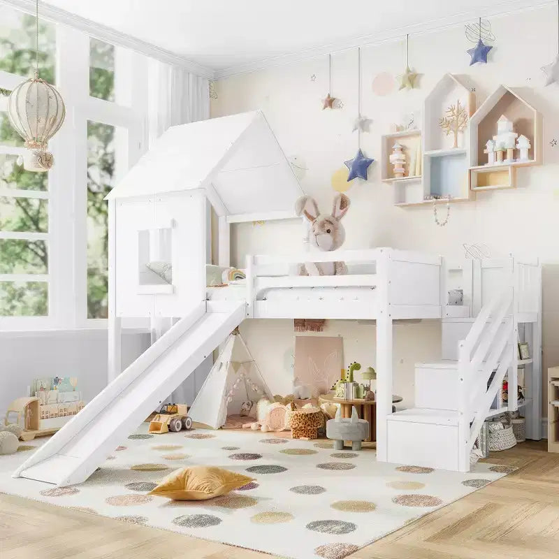 Twin Size Loft Bed with 3 Drawers & Storage Stair, Wooden House-style Bed Frame with Slide and Remevoable Desk
