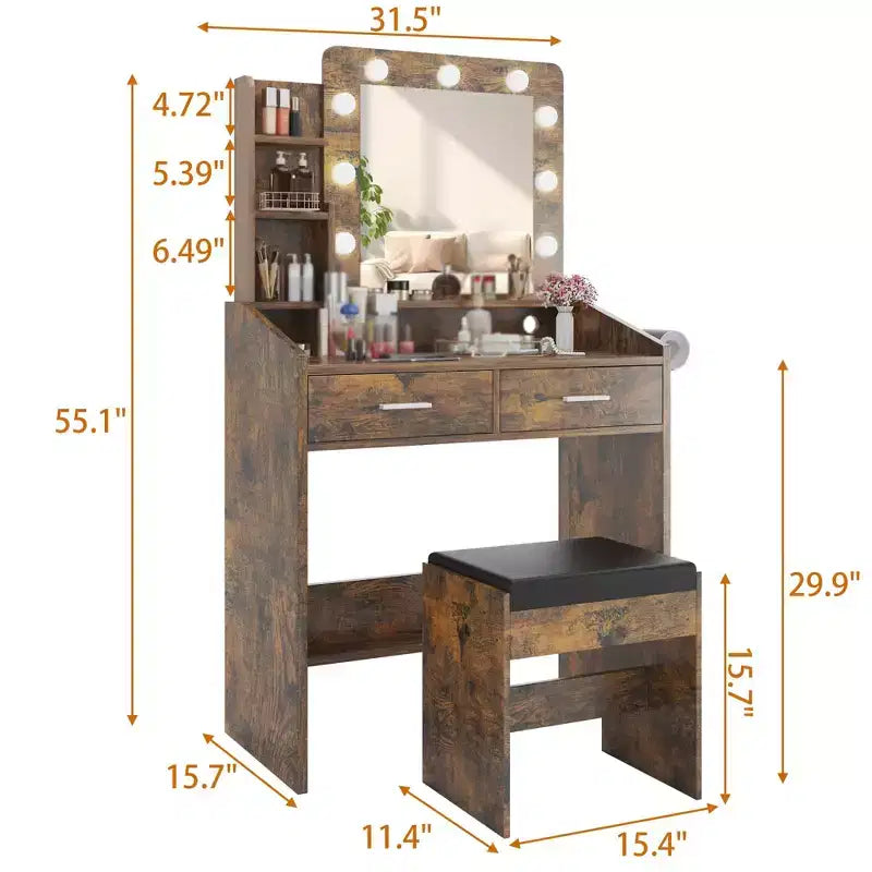 Vanity Desk with Mirror and Lights, Makeup Vanity with Power Outlet & Cushioned Stool, 3 Lighting Modes Adjustable Brightness, Dressing Table