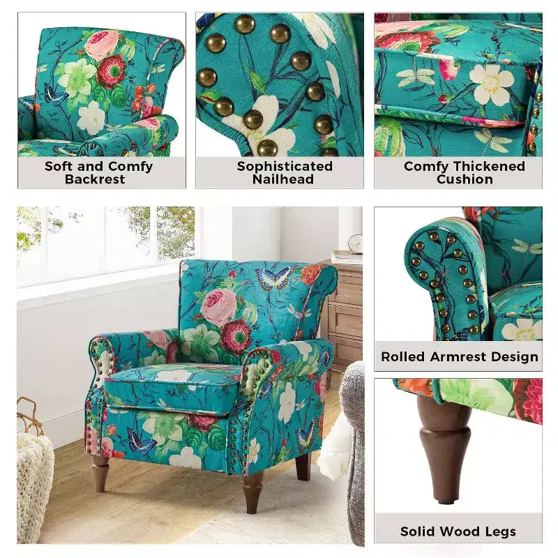 Traditional Wooden Upholstered Floral Armchair with Wingback and Nailhead Trim