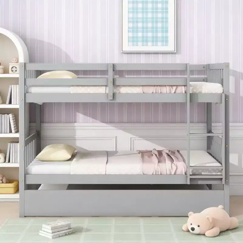 Luxystar Twin Over Twin Modern Wood Bunk Bed with Trundle, Convertible into 2 Beds