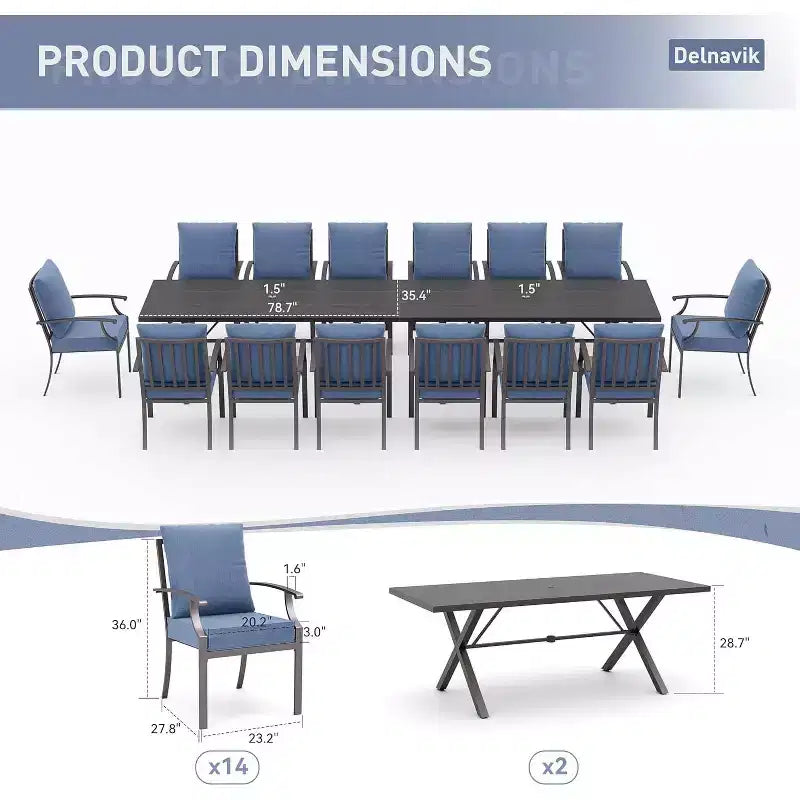 ALAULM 16 Piece Patio Dining Set Outdoor Furniture, Metal Patio Furniture Set 14 Fixed Chairs and 2 Large Tables with Umbrella for Garden