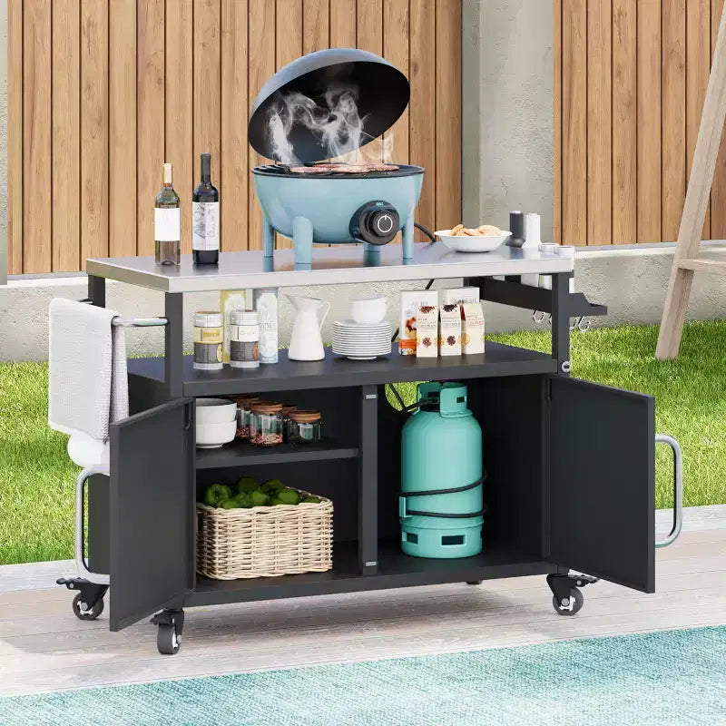 54.5" Outdoor Kitchen Island with Stainless Steel Top, Spice & Towel Rack, Black