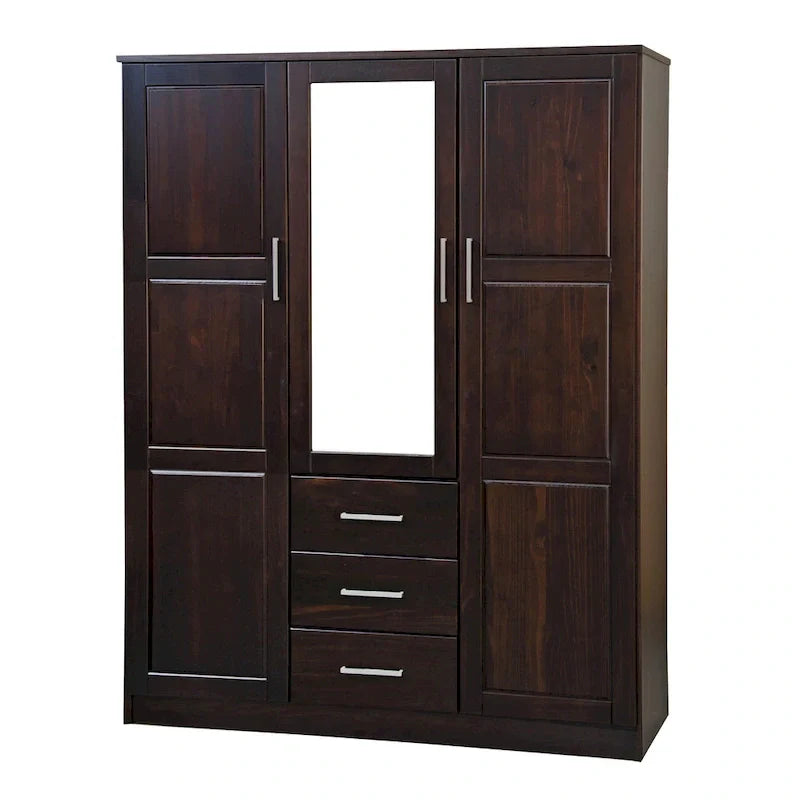 3-Door Solid Pine Wood Wardrobe Armoire, 72"H x 56"W, Mirrored or Panel Door, 3 Clothing Rods
