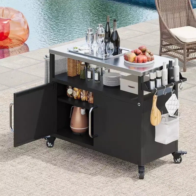 54.5" Outdoor Kitchen Island with Stainless Steel Top, Spice & Towel Rack, Black