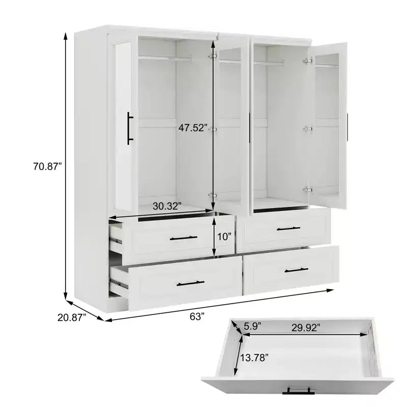 White Wood 63-Inch Armoire with 4 Drawers and 4 Doors, Bedroom Wardrobe Cabinet