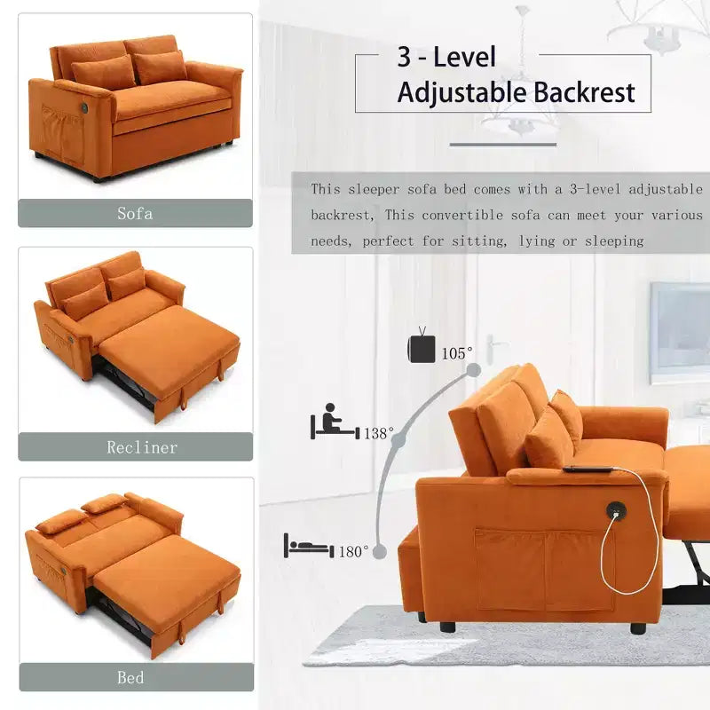 Convertible Sofa Bed Couch with Side Pockets & Adjustable Backrest, Velvet Upholstered Loveseat Sofa for Living Room, Bedroom