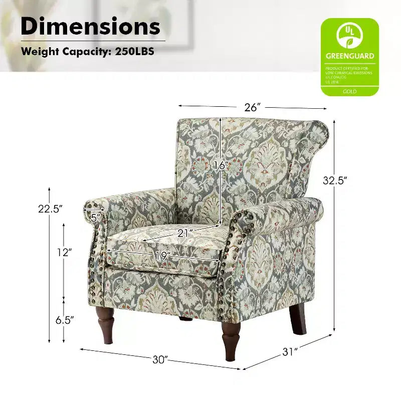 Traditional Wooden Upholstered Floral Armchair with Wingback and Nailhead Trim